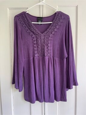 Citiknits Shirt V‑Neck Embroidered Tunic Top Bell Sleeve Travel Slinky Fabric SM